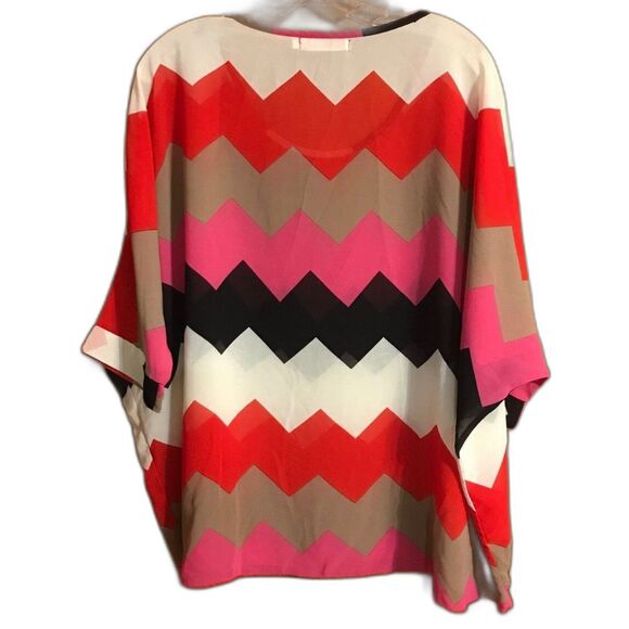 Allegra K Blouse Women's Medium Sheer Tan Red White Pink Black Zig Zag Print - Picture 2 of 4